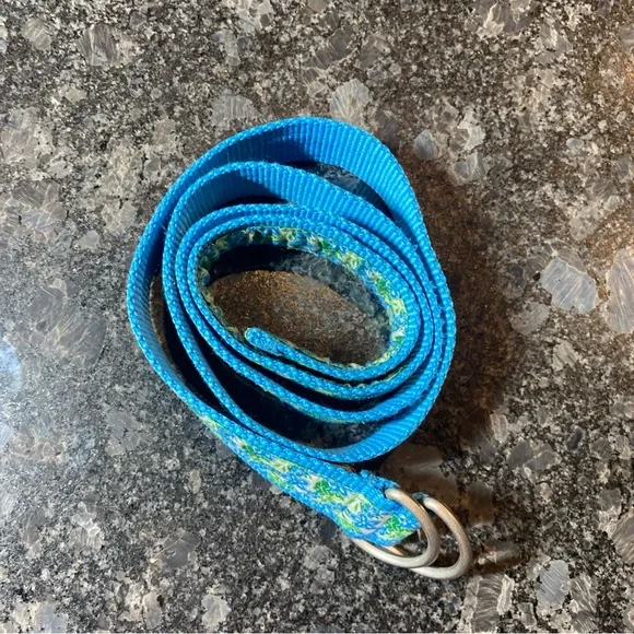 L.L. Bean D-ring Canvas Belt Floral Ribbon Cornflower Blue Silver Buckle Sz M - Picture 6 of 6